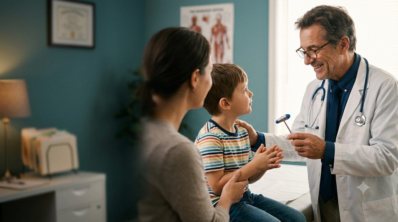 A therapist smiling gently at a young child during a session